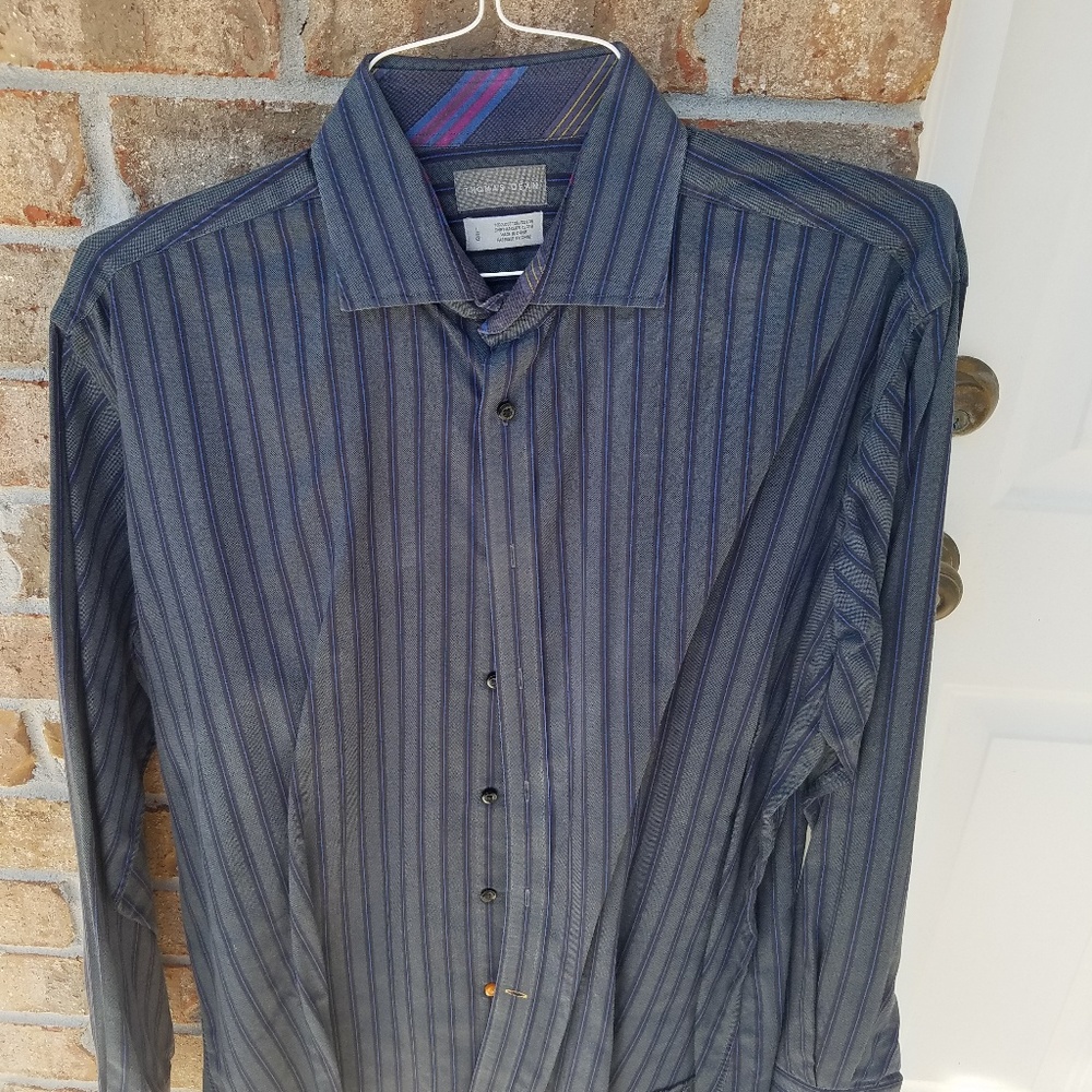 Thomas Dean button up greenish grey and blue strip